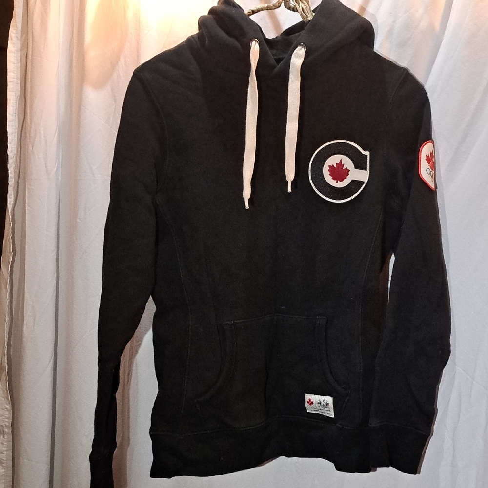 Vintage Hudson's Bay Black Hoodie with Maple Leaf Patch. Olympics